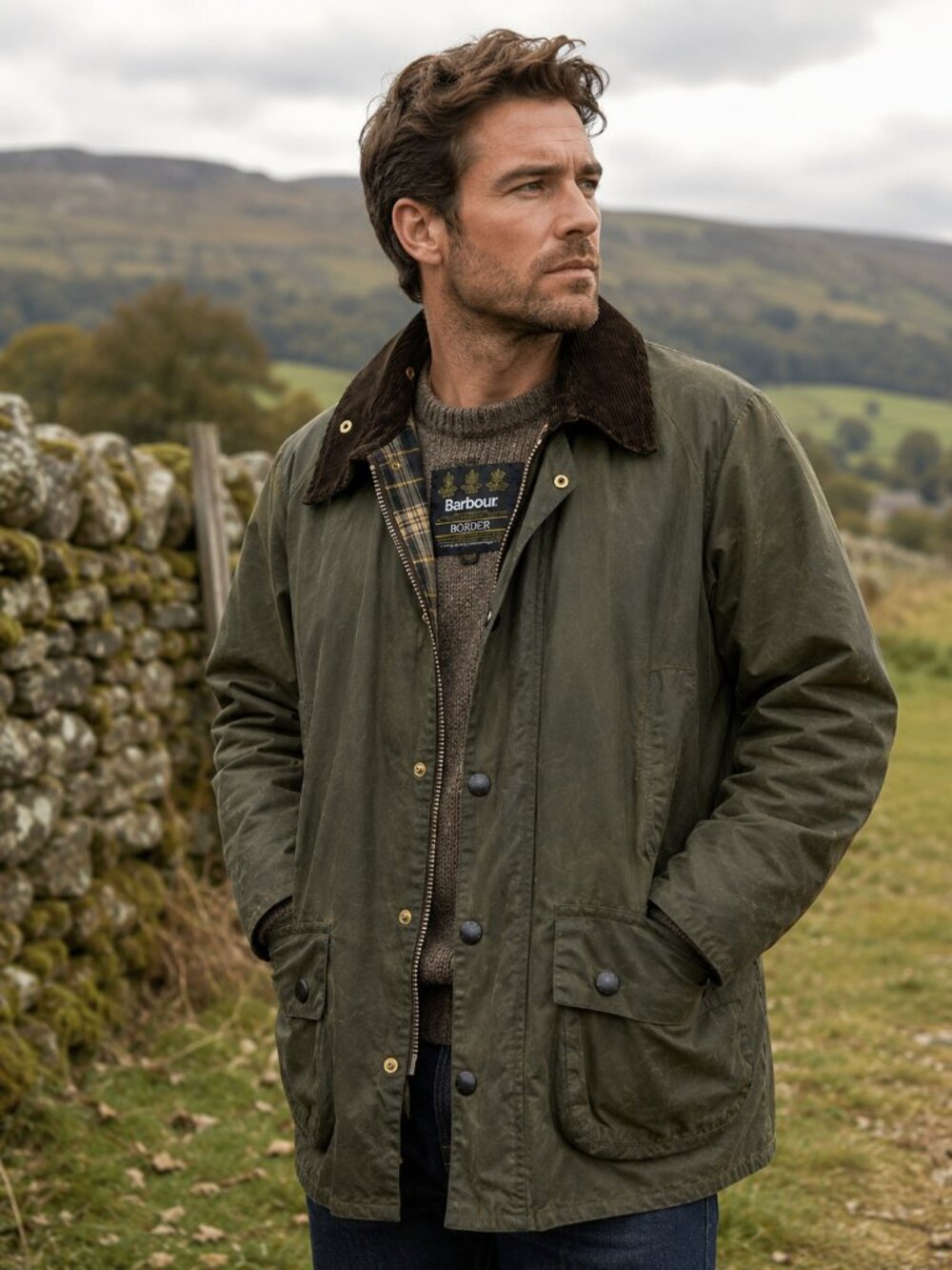 Barbour Border Waxed Cotton Jacket Olive Green Made in England C36 Small